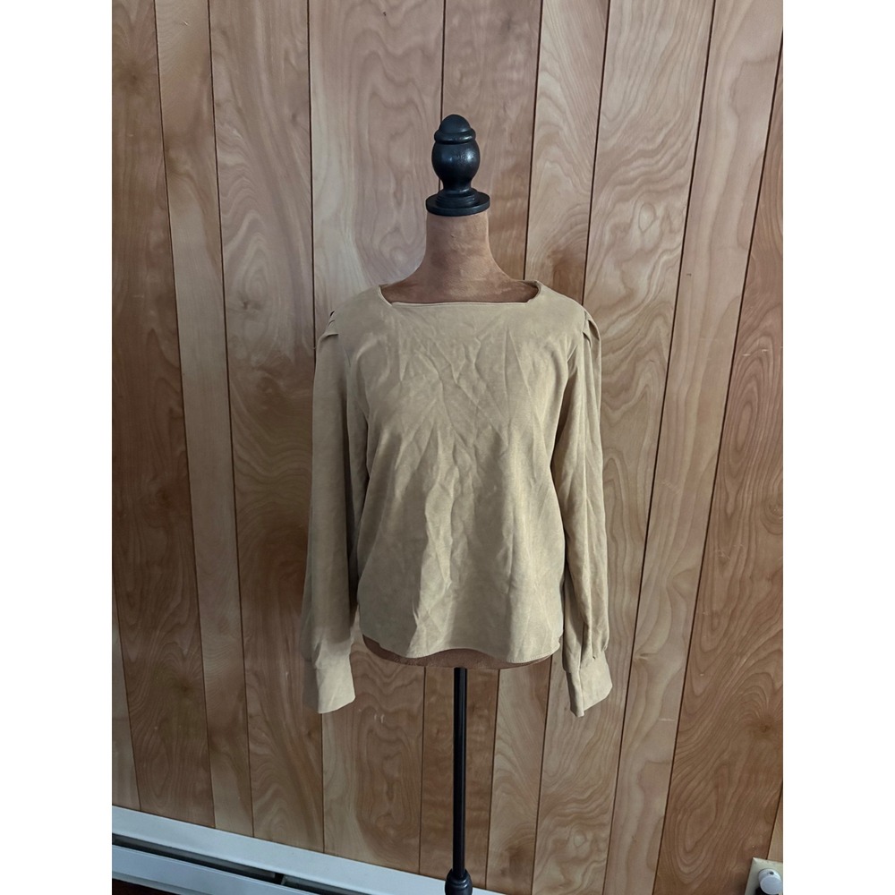 I.GOT.C Tan Ribbed Knit‎ Puff Shoulder Long Sleeve Top Boat Neck Blouse Small